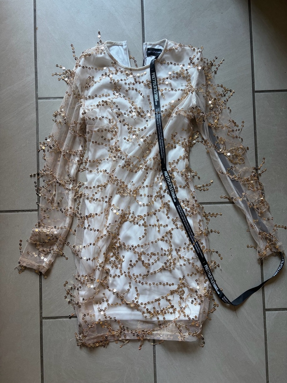 PrettyLittleThing Gold Sequin Sheer Long Sleeve Dress